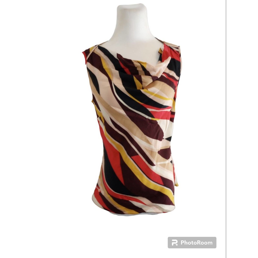 I.E. 100% silk blouse cowl scoop neck‎ sleeveless Abstract Swirl Y2K M Colorful